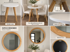 Mesa Redonda Blanca 60 cm + Espejo En Madera