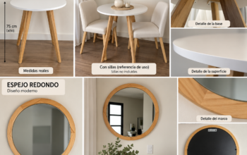 Mesa Redonda Blanca 60 cm + Espejo En Madera