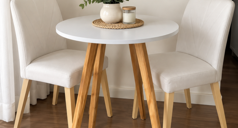 Mesa Redonda Blanca 60 cm + Espejo En Madera